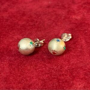 Gold Holiday Ornaments Ball Stud Earrings with Red, Green, and Blue Rhinestones
